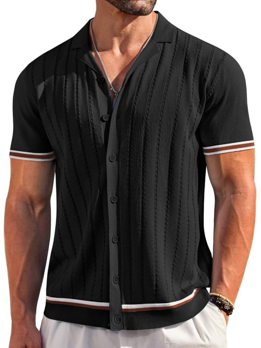 Men’s Black Short Sleeve Knit Button Down Vintage Striped Beach Shirt